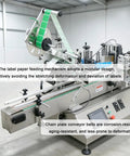 Heavy Duty Automatic Desktop Labeling Machine With Slick Touchscreen Interface For Straight Up Flat Or Spot On Fixed Point Sticker Mounting On Glass Bottles And Tin Cans 110V close-up of label feeding mechanism and conveyor belts.