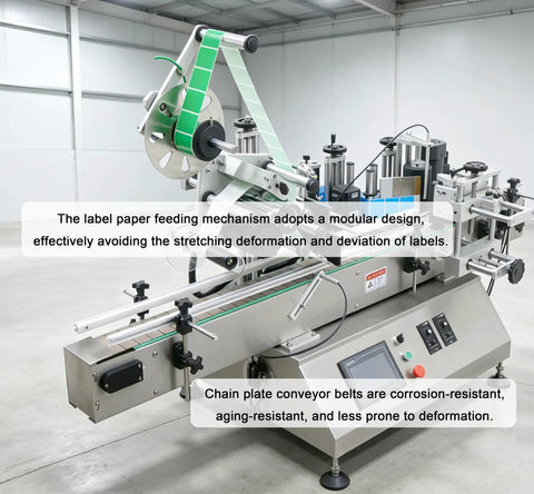 Heavy Duty Automatic Desktop Labeling Machine With Slick Touchscreen Interface For Straight Up Flat Or Spot On Fixed Point Sticker Mounting On Glass Bottles And Tin Cans 110V close-up of label feeding mechanism and conveyor belts.