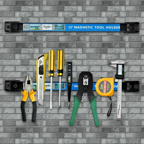 12 Inch Magnetic Tool Holder Set, Heavy Duty Magnet Tool Bar Strip Rack, 4 Pack Wall Mount With Brackets Screws And S Hooks, tools attached