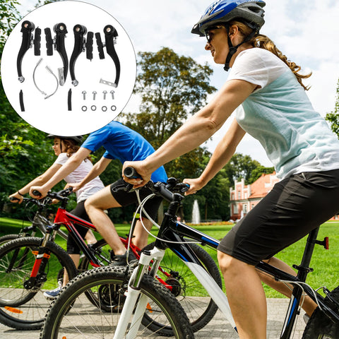 Two Set Bike Brake Kit For Road And Mountain Bikes, Aluminum Calipers, Durable Rubber Pads, cyclists riding in background