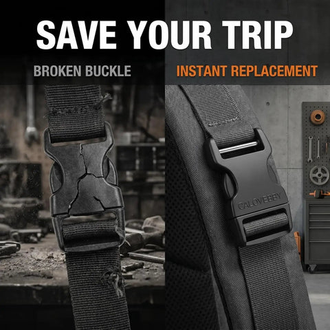 Image showcasing Heavy Duty One Inch Side Release Buckles With Screw Pin For Webbing Straps Two Pack, highlighting broken and new buckle comparison.