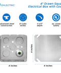 Heavy Duty 4x4 Electrical Junction Boxes With Blank Covers, 21 Cu In Capacity, One And One Half Inch Deep, Black Covers Included, 10 Pack, Steel Metal Outlet Boxes UL Listed, 4-inch box and cover
