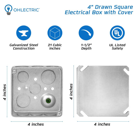 Heavy Duty 4x4 Electrical Junction Boxes With Blank Covers, 21 Cu In Capacity, One And One Half Inch Deep, Black Covers Included, 10 Pack, Steel Metal Outlet Boxes UL Listed, 4-inch box and cover