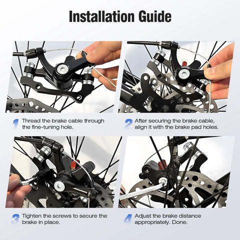 Installation of Beefy Aluminum Mechanical Disc Brake Caliper Set For Bikes showing steps to secure and adjust calipers.