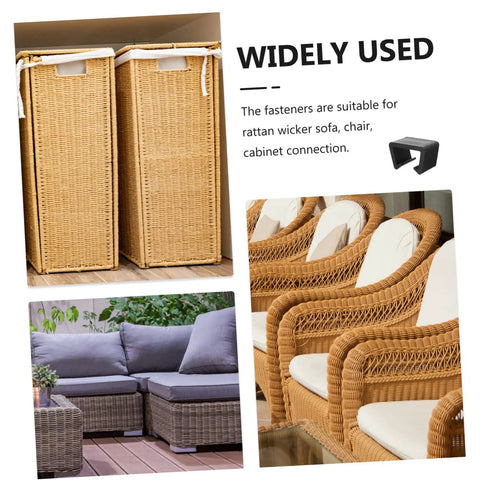 Multiple views of 12 Pack Outdoor Furniture Clips For Patio Sofas And Rattan Chairs, lightweight quick install clamps shown in use.