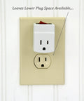 "Three Prong Grounded Single Port Power Adapter With Indicator Light On Off Switch For Easy Energy Saving No Brainer For Gadgets Without Built In Power Switches 1 Pack plugged into wall outlet, showing available lower plug space"
