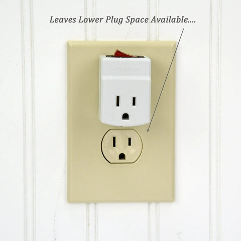 "Three Prong Grounded Single Port Power Adapter With Indicator Light On Off Switch For Easy Energy Saving No Brainer For Gadgets Without Built In Power Switches 1 Pack plugged into wall outlet, showing available lower plug space"