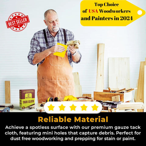 Woodworker using premium tack cloth pack of 144 for woodworking and painting, professional grade dust and particle remover.