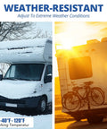 RV with snow and camper with bikes demonstrating weather resistance for 6 Inch By 50 Feet RV Roof Tape Waterproof Sealant For Camper Truck Trailer Boat UV Resistant And Weatherproof Roof Repair Tape That Locks In Leaks On Seams Joints And Vents.