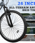 Front wheel of Dope 26-Inch Mountain Hybrid Bike With Steel Frame, 7-Speed Gearing, Front Suspension, Dual Disc Brakes, All-Terrain MTB.