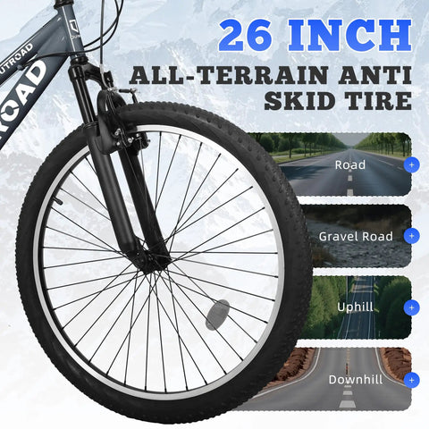 Front wheel of Dope 26-Inch Mountain Hybrid Bike With Steel Frame, 7-Speed Gearing, Front Suspension, Dual Disc Brakes, All-Terrain MTB.