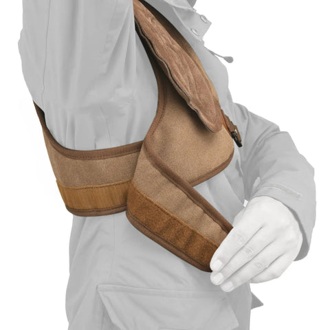 Adjustable Rifle And Shotgun Shoulder Shield With Leather Recoil Pad For Hunting And Archery shown on a right shoulder