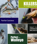 160 Piece Ice Fishing Jigs And Soft Worm Baits Kit With UV And Micro Glow For Walleye Crappie Panfish Trout All In One Winter Tackle Set For Ice Fishing Box Included being used to catch various fish species like perch, pike, and walleye.