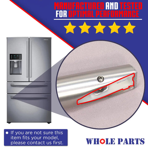 Upgrade Right Side Refrigerator Freezer Handle Support Replacement Part DA61-08247A for Samsung Refrigerators shown next to fridge.