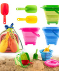 Packable Collapsible Beach Toys for Kids and Toddlers Three Pack Foldable Silicone Sand Buckets with Shovels and Mesh Bag