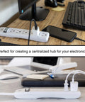 4 Pack 6 Outlet Power Strip With 12 Ft Extension Cord, Heavy Duty Flat Plug, shown on desk powering electronic devices.