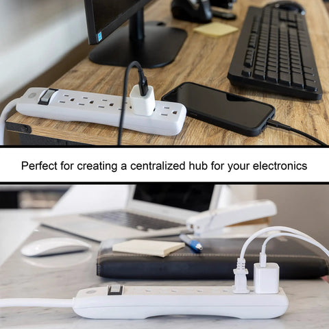 4 Pack 6 Outlet Power Strip With 12 Ft Extension Cord, Heavy Duty Flat Plug, shown on desk powering electronic devices.