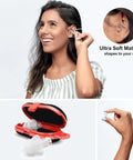 Woman using PartyPlug Ear Plugs For Concerts And Clubbing With 21dB Noise Reduction, Premium Hearing Protection in red case.