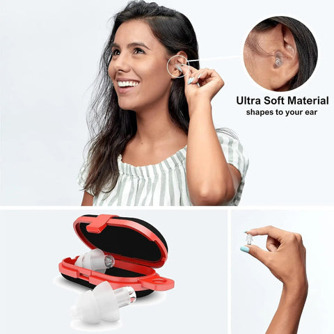 Woman using PartyPlug Ear Plugs For Concerts And Clubbing With 21dB Noise Reduction, Premium Hearing Protection in red case.