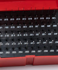 Steel Pin Gauge Set With Plastic Case 50 Pieces 0.011 To 0.060 Inch Range, 2 Inch Long, Hardened 60/62 RC, Tolerance Plus Minus 0.0002 Inch, Ideal For Hole Size And Spacing Checks In The Shop For Machinists, open red case