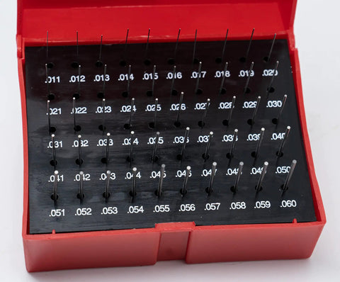 Steel Pin Gauge Set With Plastic Case 50 Pieces 0.011 To 0.060 Inch Range, 2 Inch Long, Hardened 60/62 RC, Tolerance Plus Minus 0.0002 Inch, Ideal For Hole Size And Spacing Checks In The Shop For Machinists, open red case