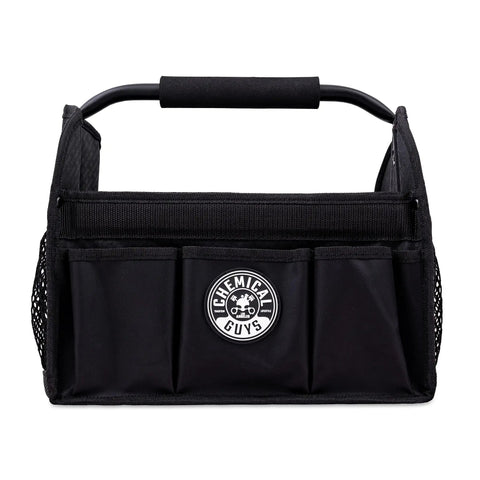 Front view of Grab And Go Quick Load Collapsible Car Detailing Caddy Organizer in durable black design with handle.