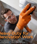 Super Heavy Duty Nitrile Work Gloves 8 Mil Thick Industrial Mechanics Disposable Badass Comfort With Rock Solid Diamond Grip For Auto Repair And Garage Maintenance Tasks X Large Box Of One Thousand, worn by worker during renovation.