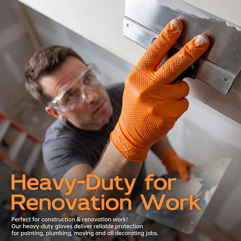 Super Heavy Duty Nitrile Work Gloves 8 Mil Thick Industrial Mechanics Disposable Badass Comfort With Rock Solid Diamond Grip For Auto Repair And Garage Maintenance Tasks X Large Box Of One Thousand, worn by worker during renovation.