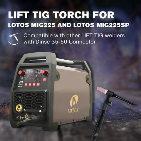 Lift TIG Torch For MIG225 And MIG225SP Welders, WP-17V Welding Gun With Dinse 35-50mm Quick Connector visible beside welder
