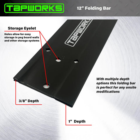 Pro Grade 12 Inch Sheet Metal Folding Tool For HVAC Bending And Seaming with labeled storage eyelet and depth measurements