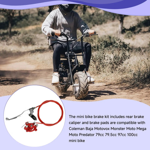 Mini Bike Brake Lever Kit With Caliper Replacement And 61 Inch Cable shown with rider on dirt path