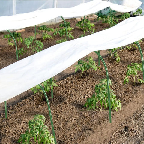 Mini Greenhouse Tunnel For Outdoors with green hoops and white PVC cover over garden plants