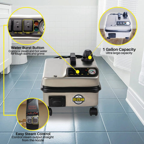 Pro Commercial Steam Cleaner 1800 Watt Steel Body with water burst button and 1-gallon capacity for tough stains.