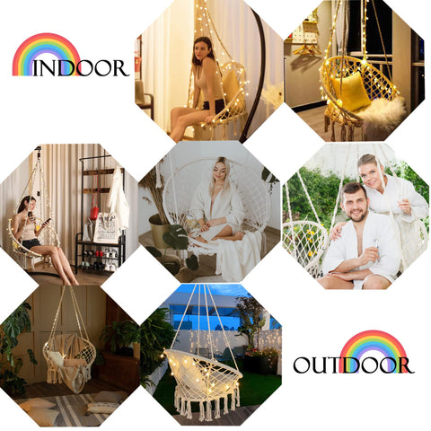Hanging Chair For Bedroom Hammock Swing With Lights And Hardware Kits Holds Up To 550 Lbs Macrame Cotton Rope Chair For Patio
