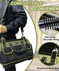 Man carrying Heavy Duty 17 Inch Tool Bag With Waterproof Molded Base, showcasing adjustable shoulder strap and rugged design.