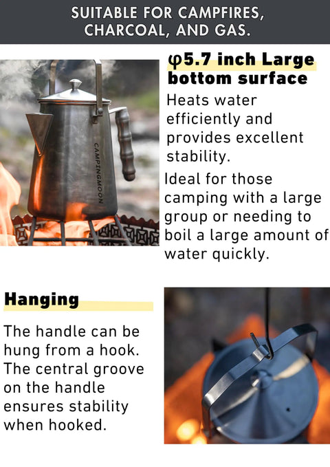 1.5L Campfire Kettle For Camping Stainless Steel Coffee Pot With Seamless One Piece Molded Body on campfire