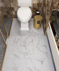 White Vinyl Peel And Stick Floor Tiles 12x12 Inch 16 Pack Waterproof Groutable Removable tiles in bathroom setting.