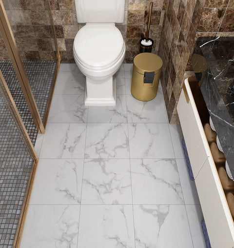 White Vinyl Peel And Stick Floor Tiles 12x12 Inch 16 Pack Waterproof Groutable Removable tiles in bathroom setting.