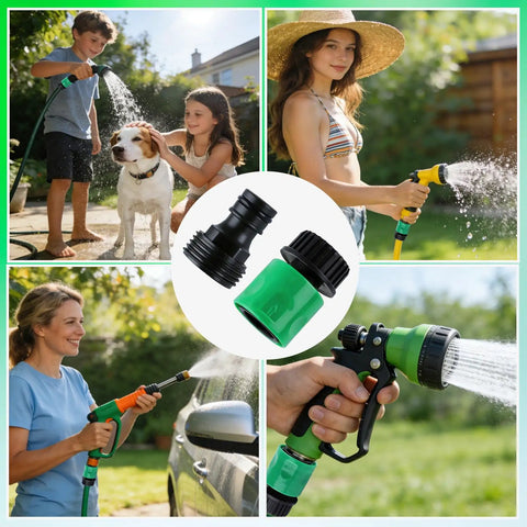 Six Sets Garden Hose Quick Connectors, 3/4 Inch Plastic Hose Fittings snapped onto garden hose in use, showing leak-free watering