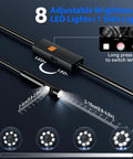 Close-up of Dual-Lens 1920P HD Endoscope with Light, showing adjustable LEDs and measurement scale, IP67 waterproof borescope.