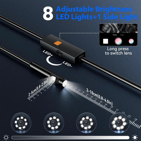 Close-up of Dual-Lens 1920P HD Endoscope with Light, showing adjustable LEDs and measurement scale, IP67 waterproof borescope.