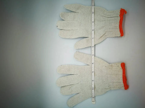 Durable Heavy Duty Cotton Polyester Work Gloves With Rock Solid Grip, 12 Pairs Thick String Knit Safety Gloves For Yard Mechanics Warehouse And Bbq Jobs on a flat surface with a ruler.