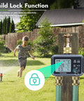 Two Zone Water Timer For Garden Hose With Brass Inlet Easy Set Outdoor Irrigation Controller showing child lock feature