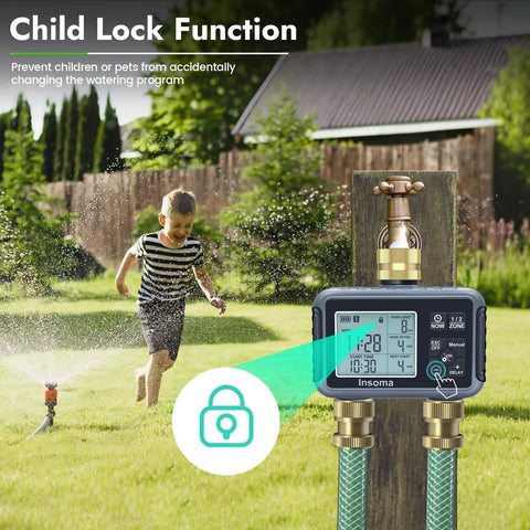 Two Zone Water Timer For Garden Hose With Brass Inlet Easy Set Outdoor Irrigation Controller showing child lock feature