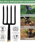 Garden Fork With Four Tine Spading Fork Head 45 Inch Forged Steel Y Grip Wood Handle shown in various gardening applications.