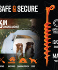 Orange Screw In Tent Stakes 12 Pack For Sand No Drill Needed Ground Anchors with two dogs by a tent.