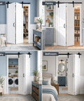 H Shape Bifold Barn Door 36 By 84 Inches equipped with heavy duty track kit in closet, laundry, pantry, and bathroom settings.