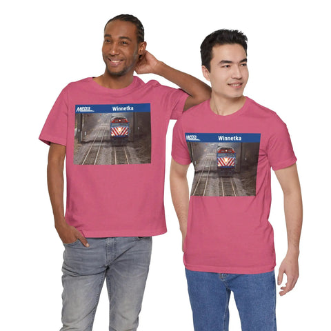 Fresh Heather Blend T Shirt Celebrating Winnetka Up N Metra Union Pacific North Train Station worn by two men.
