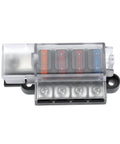 4 Circuit Fuse Block With Marine Cover For ATO ATC Fuses, A Real Workhorse That Handles Up To 100 Amps Per Block, 32V DC, Heavy Duty Boat Electrical Hub, Easy Mounting With Standard Screws, Durable Terminal Studs And Lock Washers, front view