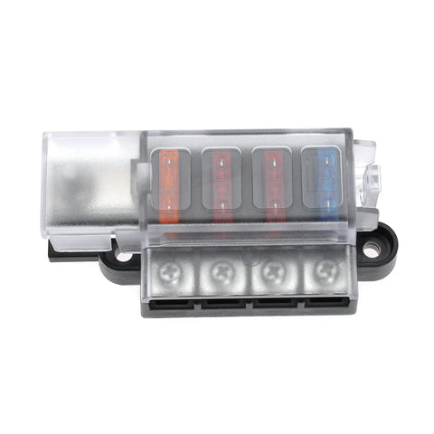 4 Circuit Fuse Block With Marine Cover For ATO ATC Fuses, A Real Workhorse That Handles Up To 100 Amps Per Block, 32V DC, Heavy Duty Boat Electrical Hub, Easy Mounting With Standard Screws, Durable Terminal Studs And Lock Washers, front view